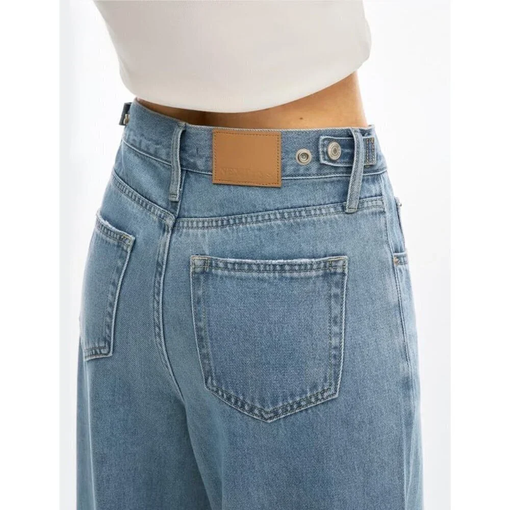 Women's Wide Leg High Rise Baggy Jeans Light Blue 28 Adjustable Snap